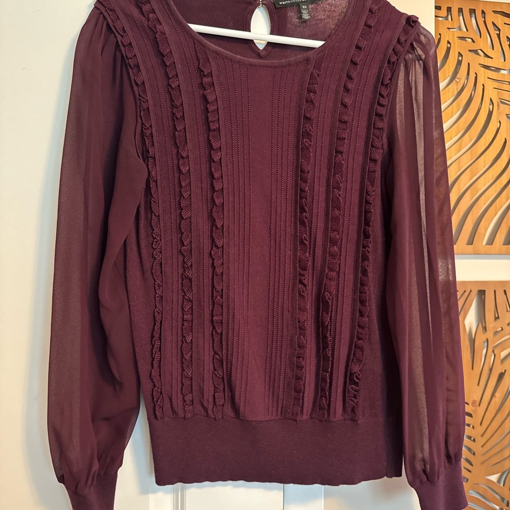 White House Black Market Burgundy Lace Front Sweater Sheer Sleeves Size XS